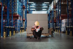 Warehouse worker in a hard hat and safety vest sits against a pallet between storage racks, head bowed, showing the strain when growth outpaces know-how